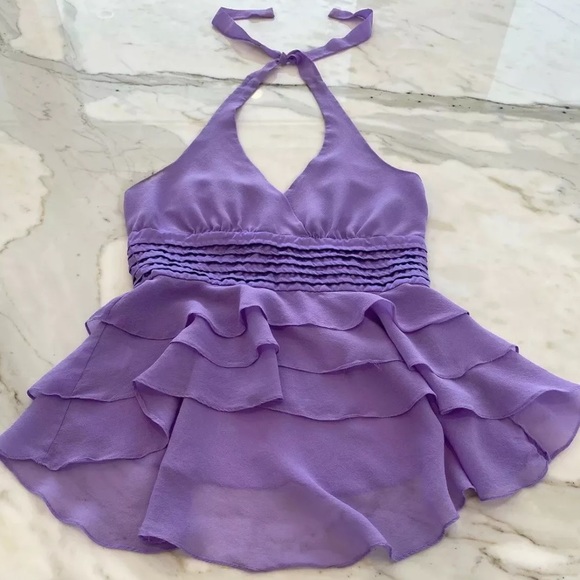 BCBG PURPLE RUFFLE HALTER TOP SIZE XS - Picture 4 of 14